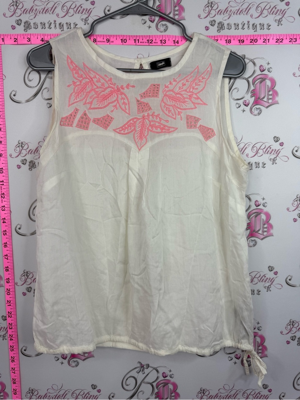 F&F tank top neon Ivory Sleeveless Tank with Coral Pink Embroidery